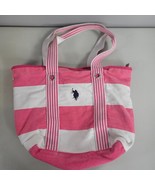 US Polo Assn Tote Bag Canvas Ivory and Pink Striped Blue Pony Zip Closur... - $15.99