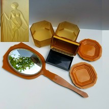 Dupont NUDE LADY Nouveau Dresser Honey Amber Glass Pyralin Mirror Box Lid 4pc VF - £93.41 GBP