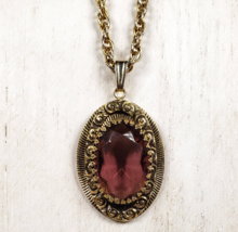 Vintage Victorian Style Prong Set Oval Purple Crystal Gold Tone Pendant ... - $48.27
