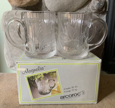 4 Vintage Arcoroc Magnolia Glass Mugs 10oz USA Excellent Original Box - $21.73