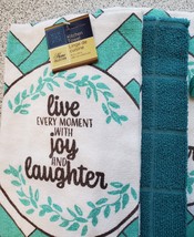 Kitchen Linens Set 7pc Towels Dishcloths Mitts Blue Turquoise, Live Joy Laughter image 6