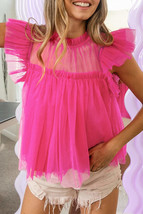 Strawberry Pink Tulle Ruffle Sleeve Flared Babydoll Blouse - £22.38 GBP