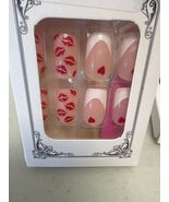 Valentine&#39;s Day Press On Nails Medium Square Red Lips Pink Heart French Tip - $13.74 CAD