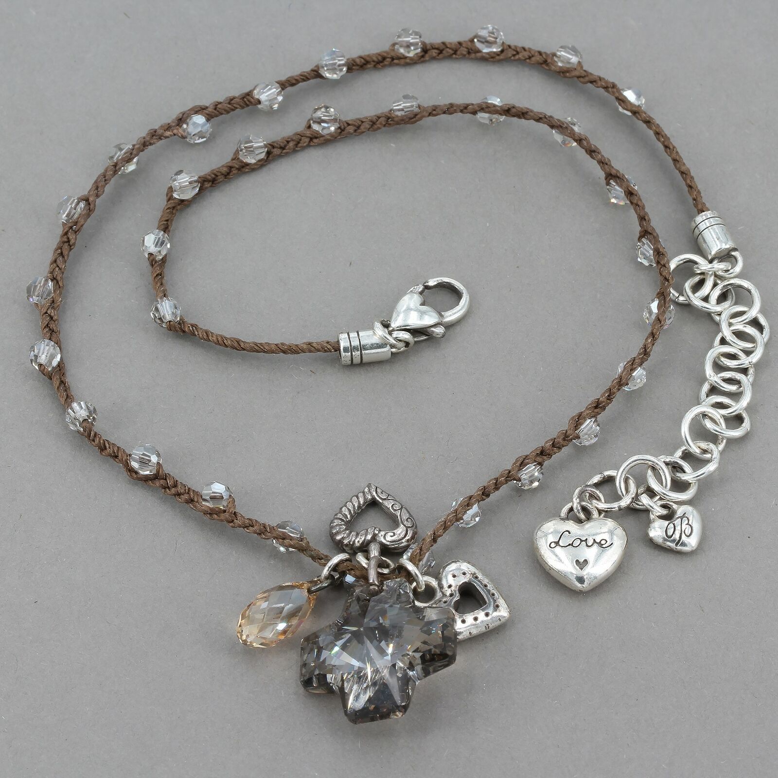 Brighton Karma Collection Smoky Crystal Cross Heart Charm Brown Macramé