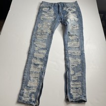 MNML Women Skinny Jeans Sz 28 Button Fly Blue Distress Denim Zip Hems 28... - £14.50 GBP
