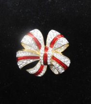 JOAN RIVERS Vintage Pave Clear Rhinestone Red Enamel Gold Tone Bow Brooc... - $49.95