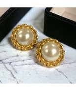 Vintage Anne Klein AK Pearl Earrings Clip On High End Huge Brushed Gold - $40.27 CAD