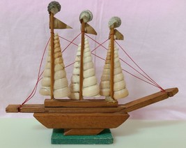 Vintage Handmade Small Wooden Shell Sailboat - £13.85 GBP