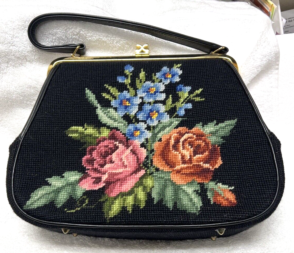 Primary image for Antique Needlepoint Handbag Purse Black w Floral Design Roses Blue Flowers Excel