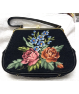 Antique Needlepoint Handbag Purse Black w Floral Design Roses Blue Flowe... - £34.95 GBP