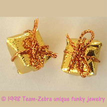 Funky Mini Gift Package Earrings Novelty Birthday Present Costume Jewelry-GOLD - £3.90 GBP