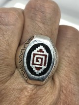 Vintage Southwestern Red Coral Ring Silver White Bronze Mens Inlay Size 7.5 - £30.93 GBP