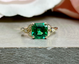2.00Ct Asscher Simulated Green Emerald 14k Yellow Gold Plated Engagement Ring - £108.41 GBP
