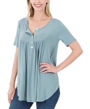 $40 Zenana Blue Gray Button-Front Short-Sleeve Dolphin-Hem Top Size Small NWOT - £16.15 GBP