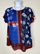 NWT Avenue Blouse Womens Plus Size 20 (1X) Blue/Red Floral Necklace Short Sleeve - £19.47 GBP
