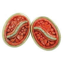 Authenticity Guarantee 
Carved Coral &amp; Diamond 18k Yellow Gold Clip-on Earrings - £4,878.94 GBP