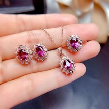 Natural Garnet Ring Earrings Pendant Necklace Set S925 Sterling Silver High Fash - £158.99 GBP