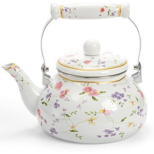 Primary image for 2.5L Enamel Teakettle with Ceramic Handle,Classic Floral Tea Kettle No Whistling