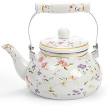 2.5L Enamel Teakettle with Ceramic Handle,Classic Floral Tea Kettle No Whistling - £41.83 GBP
