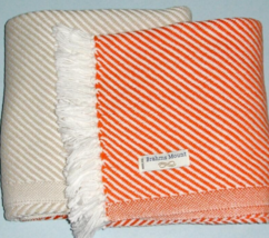 New Brahms Mount Cotton Knit Throw Diagonal Stripe Orange/Oyster/White Fringe - £135.04 GBP