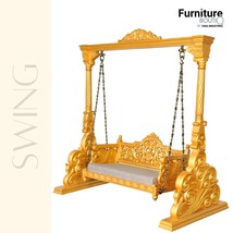 Furniture BoutiQ Solid Wood Carving Swing in Golden Polish | Indian Wooden Jhula - £5,528.97 GBP