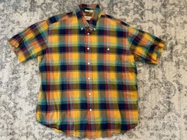 VINTAGE Orvis Shirt Mens XXL Short Sleeve Plaid Bright Colors Yellow Blue India - £21.79 GBP