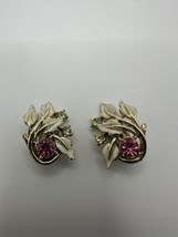 Vintage Coro Pink Green Gold Clip Earrings 2.6cm - £23.73 GBP