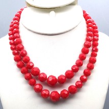 Cherry Red Lucite Bead Necklace, Retro Bright Graduated Strand with Faceted Bead - £19.93 GBP