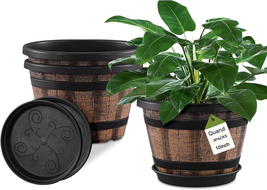 Plant Pots 3 Pack 10 Inch,Whiskey Barrel Planters with Drainage Holes &amp; Saucer, - £32.82 GBP