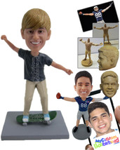 Personalized Bobblehead Boy Skate Boarder Wearing Casual Outfit And Doing Some T - £73.13 GBP