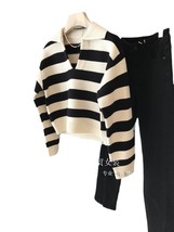 Womens T-shirts outer wear Long sleeve  pullover Top Lapel contrast color Stripe - £91.98 GBP