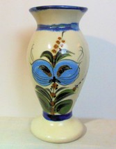 Vintage Tonala Vase Blue Butterflies 7.5&quot; Mexico Signed - £15.81 GBP