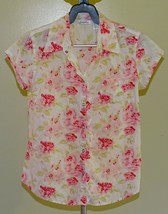 Charlotte Russe Floral Top Blouse Pearl Snap Shirt Cap Sleeves Pocket Ruffles M - £3.12 GBP