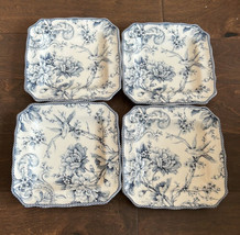 222 Fifth Set Of 4 Salad Plates ADELAIDE Blue &amp;ivory Square BIRD Floral ... - £50.94 GBP