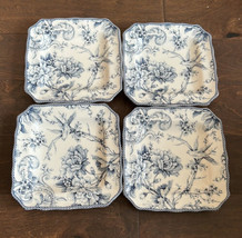 222 Fifth Set Of 4 Salad Plates ADELAIDE Blue &amp;ivory Square BIRD Floral Toile - £48.56 GBP