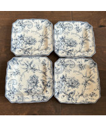 222 Fifth Set Of 4 Salad Plates ADELAIDE Blue &amp;ivory Square BIRD Floral ... - £50.97 GBP