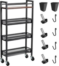 Slim Storage Cart, 4 Tier Kitchen Rolling Utility Cart, Narrow Unit Slide, Black - £38.83 GBP