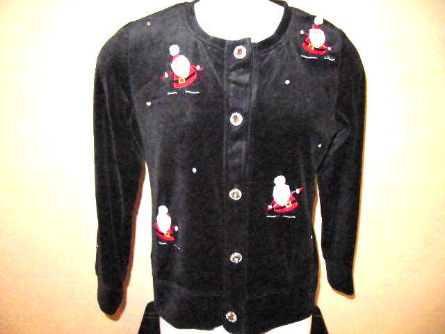Primary image for Ugly Xmas Sweater Shirt Blouse Black Santa Clause Velour Soft Crystal Buttons