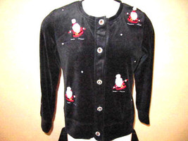 Ugly Xmas Sweater Shirt Blouse Black Santa Clause Velour Soft Crystal Buttons - £22.37 GBP