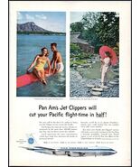1950s Pan Am PRINT AD Pan Am&#39;s Jet Clippers Cut Pacific Flight Time In H... - $9.49