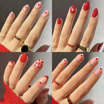 Romantic Valentine's Day Red Love Heart Charm Red Lips Almond Fake Nails - $13.95