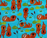 Cute Otters Frogs Water Lilies Cattails Blue Fleece Fabric Print BTY A24... - $16.97
