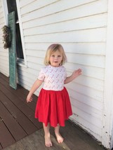 Vintage Girls Embroidered Dress 50s Red White Cotton Full Skirt Button Back - $26.00