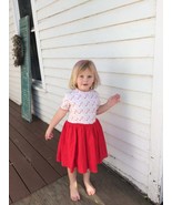 Vintage Girls Embroidered Dress 50s Red White Cotton Full Skirt Button Back - $35.26 CAD