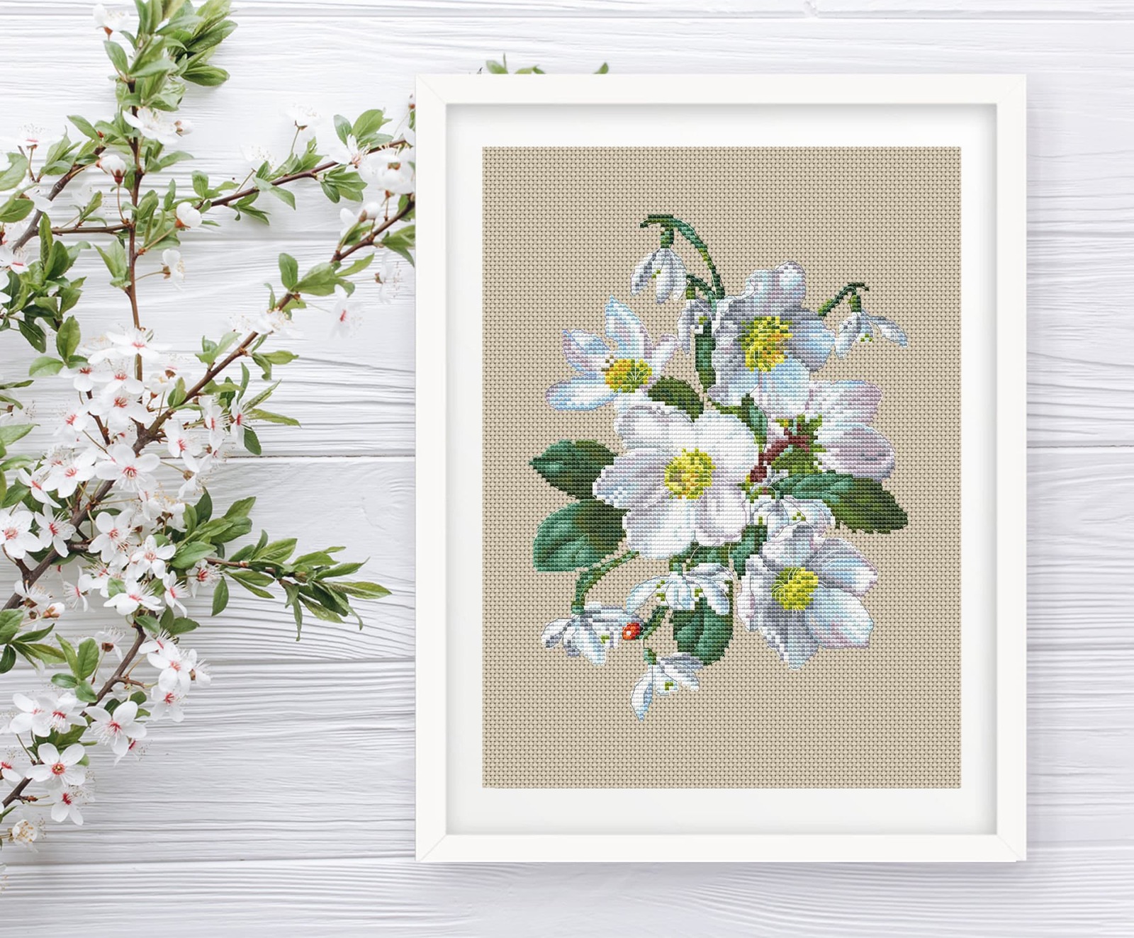 Primary image for White flowers cross stitch bouquet pattern pdf - Easy cross stitch snowdrops 