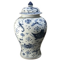 Blue and White Fish and Crab Motif Porcelain Temple Jar 19&quot; - £228.65 GBP