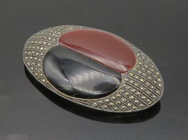 925 Silver - Vintage Carnelian Black Onyx &amp; Marcasite Oval Brooch Pin - BP6445 - $96.73