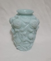 Vintage Rare Light Blue Satin Milk Glass Raised Rose Vase - $33.99