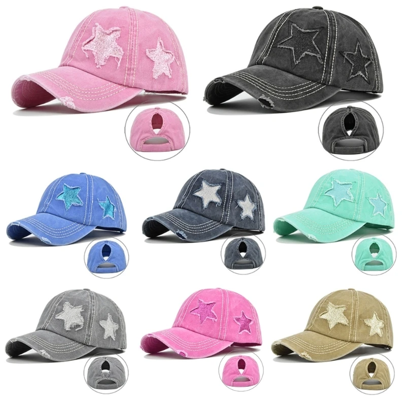 Womens Washed Cotton Baseball Cap Glitter Star Embroidery Vintage Distressed - £12.38 GBP+
