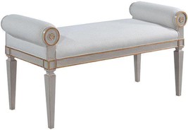 Bench Afton Swedish Carved Wood Pewter Gray Gold Accents Sand Linen Upholstery - £750.19 GBP